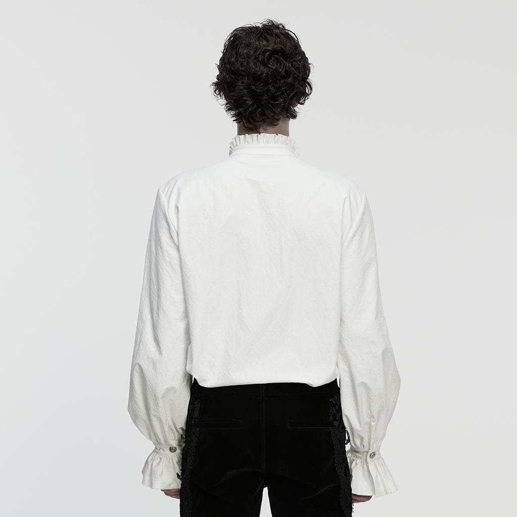 PUNK RAVE Men's Gothic Floral Embroidered Pleated Ruffled Stand Collar Shirt White