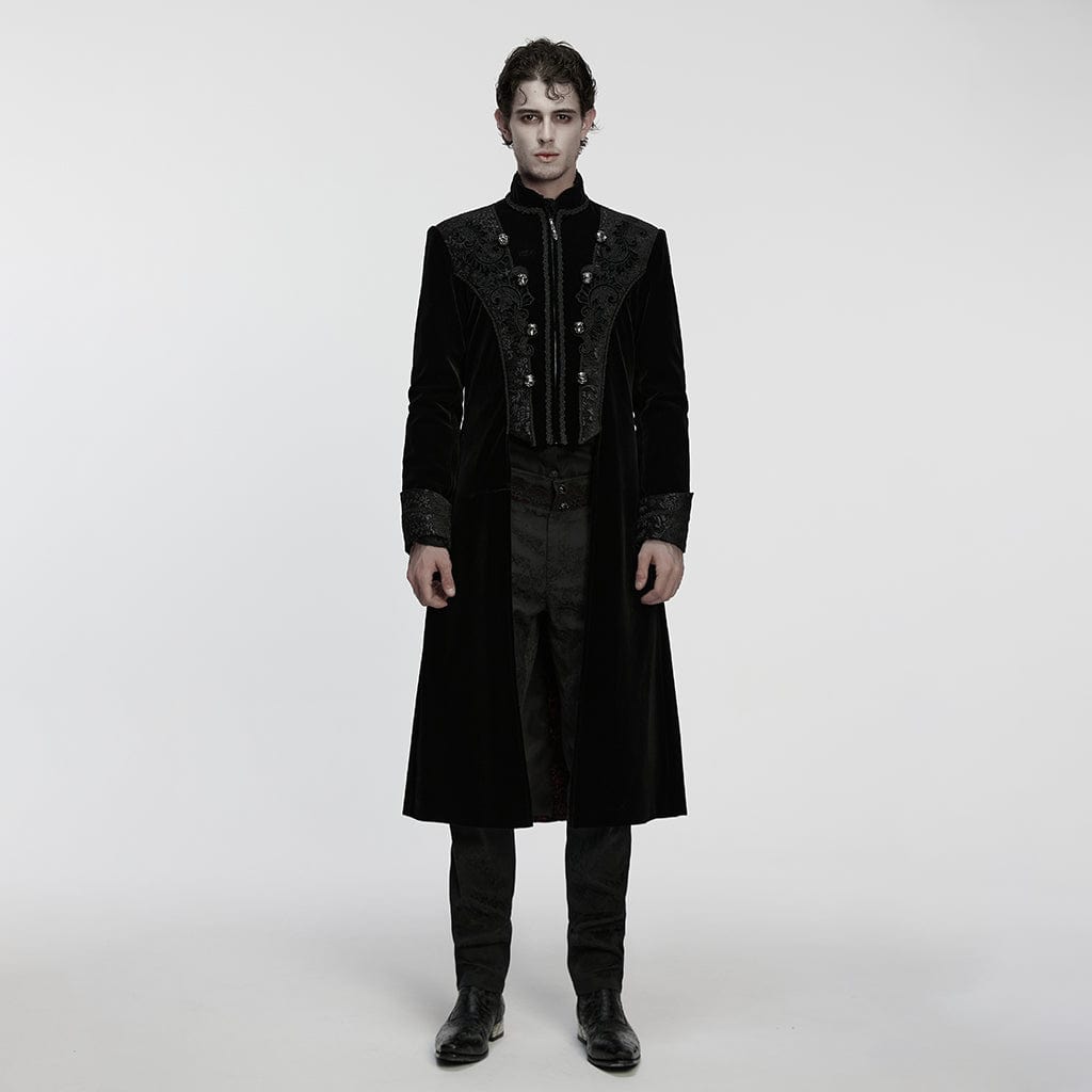 PUNK RAVE Men's Gothic Floral Jacquard Bouble-breasted Zip Coat Black