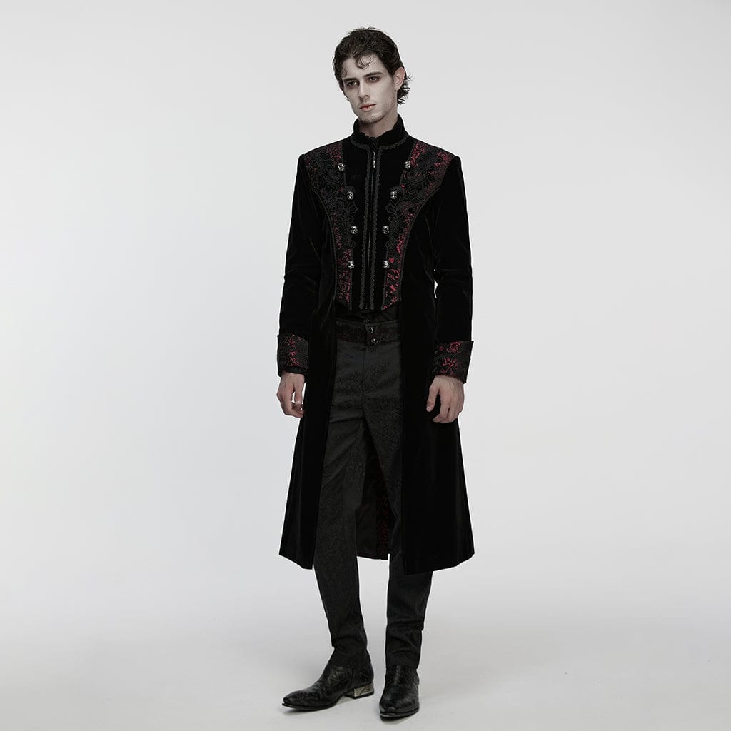 PUNK RAVE Men's Gothic Floral Jacquard Bouble-breasted Zip Coat Black-Red