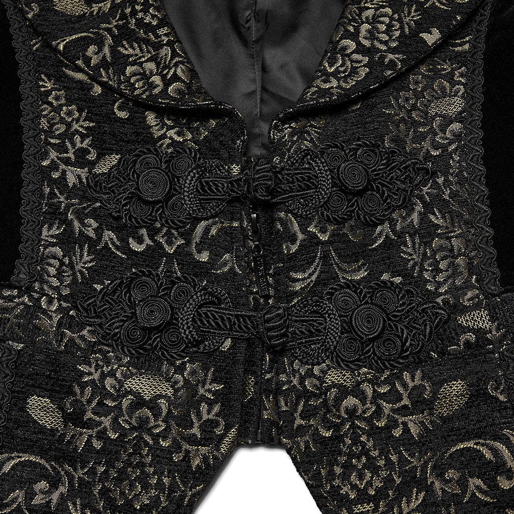 PUNK RAVE Men's Gothic Floral Jacquard Buckle Strap Vest Black-Golden