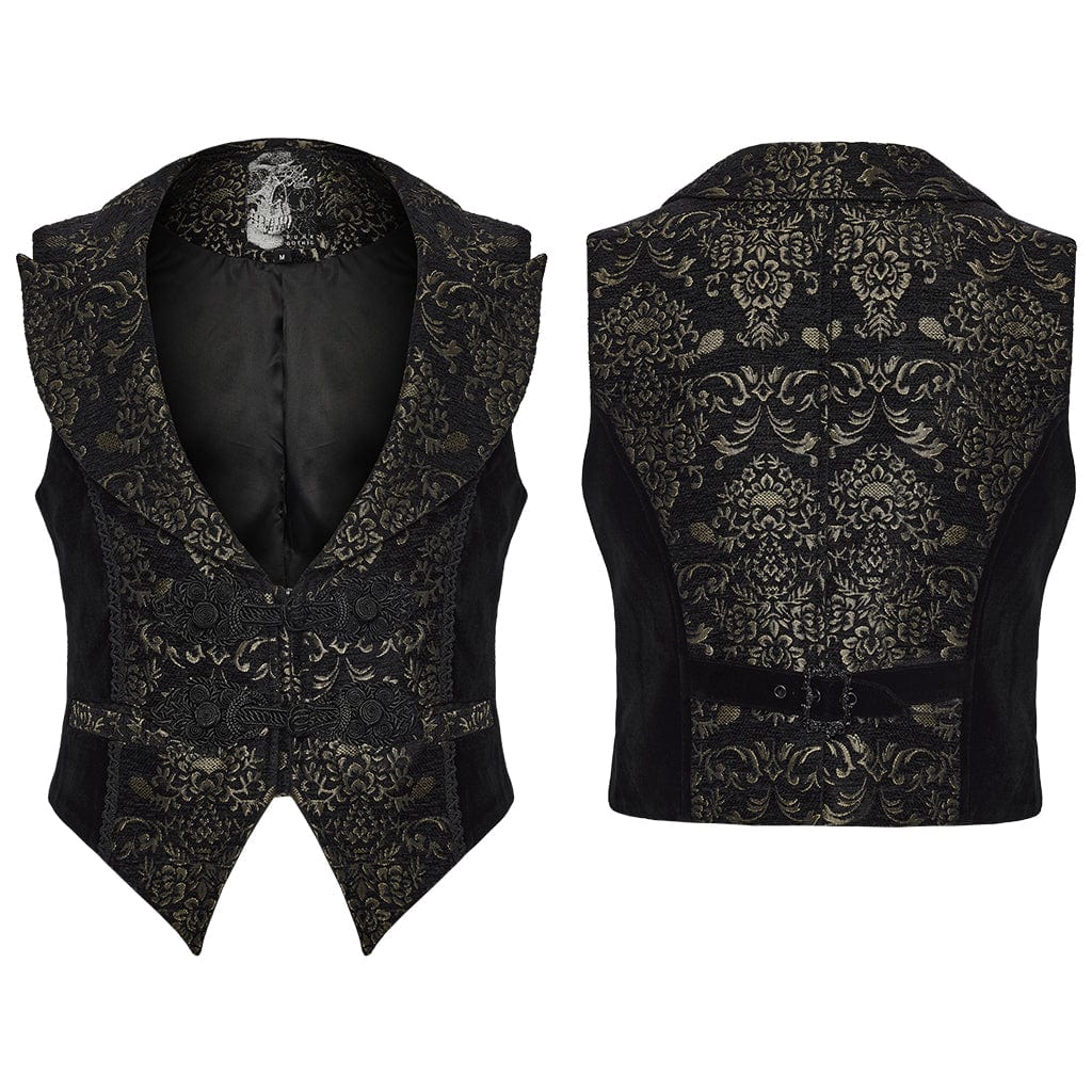 PUNK RAVE Men's Gothic Floral Jacquard Buckle Strap Vest Black-Golden