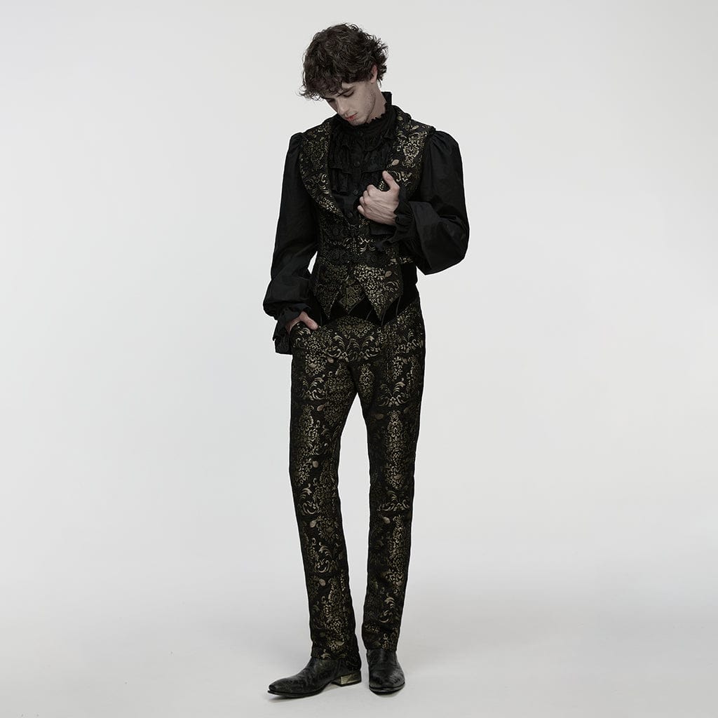 PUNK RAVE Men's Gothic Floral Jacquard Buckle Strap Vest Black-Golden