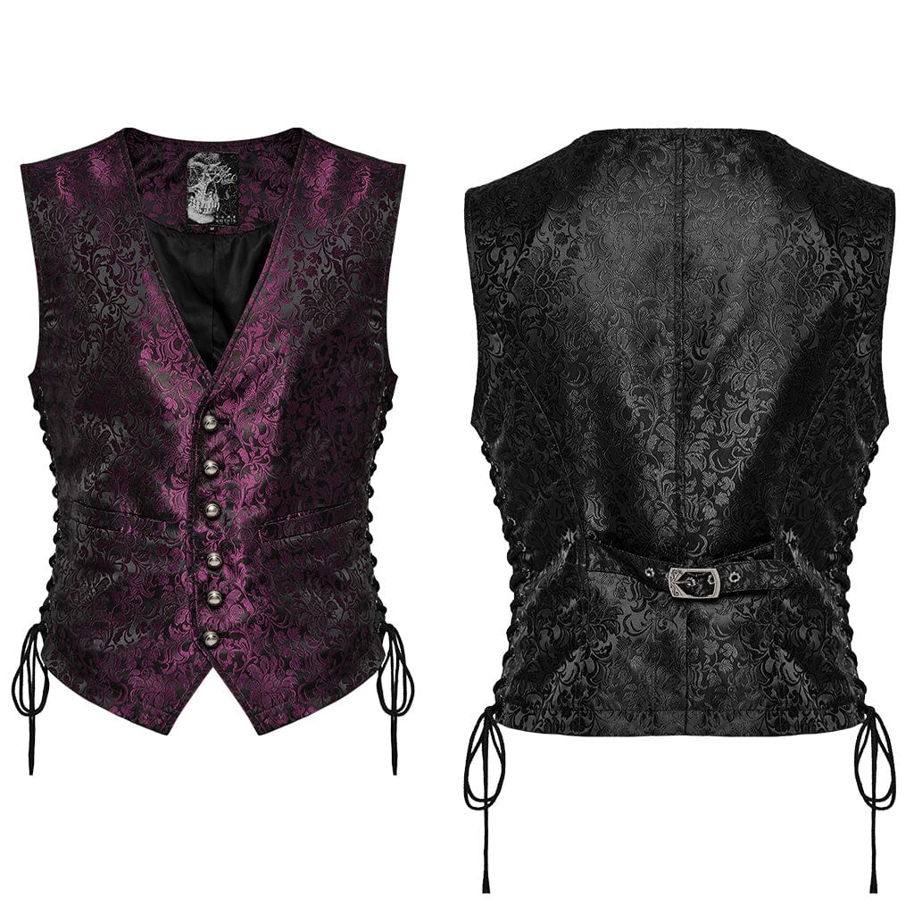 PUNK RAVE Men's Gothic Floral Jacquard Lace-up Black Red Vest