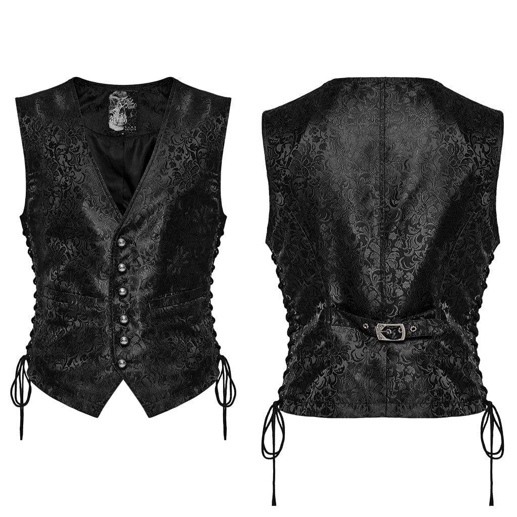 PUNK RAVE Men's Gothic Floral Jacquard Lace-up Vest