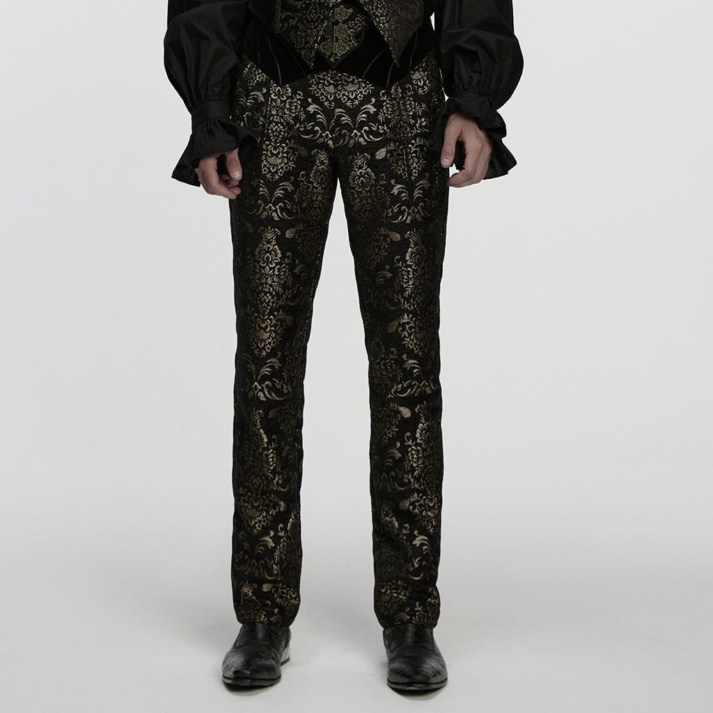 PUNK RAVE Men's Gothic Floral Jacquard Pants Black-Golden