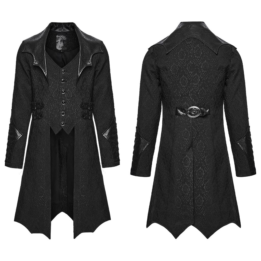 PUNK RAVE Men's Gothic Floral Jacquard Turn-down Bat Collar Coat Black
