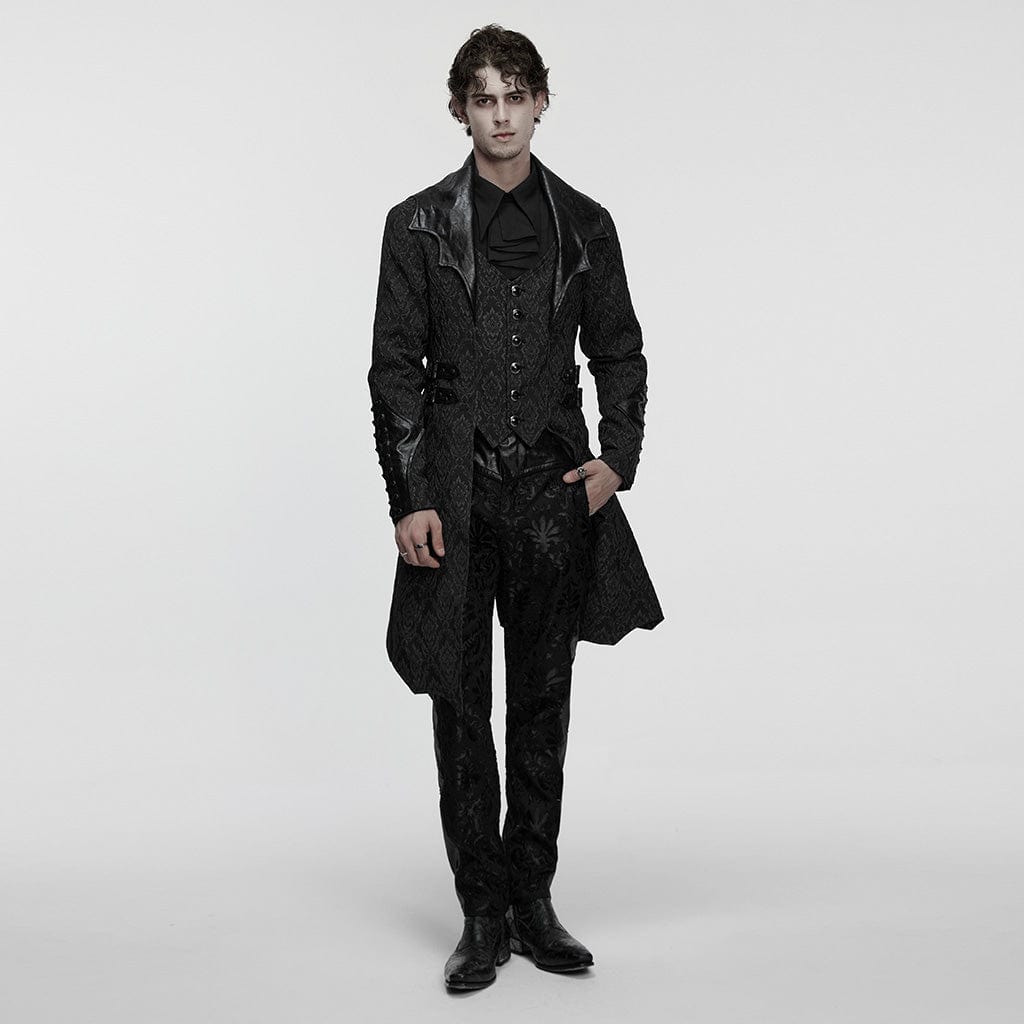 PUNK RAVE Men's Gothic Floral Jacquard Turn-down Bat Collar Coat Black