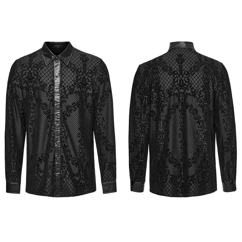 PUNK RAVE Men's Gothic Floral Printed Faux Leather Splice Shirt