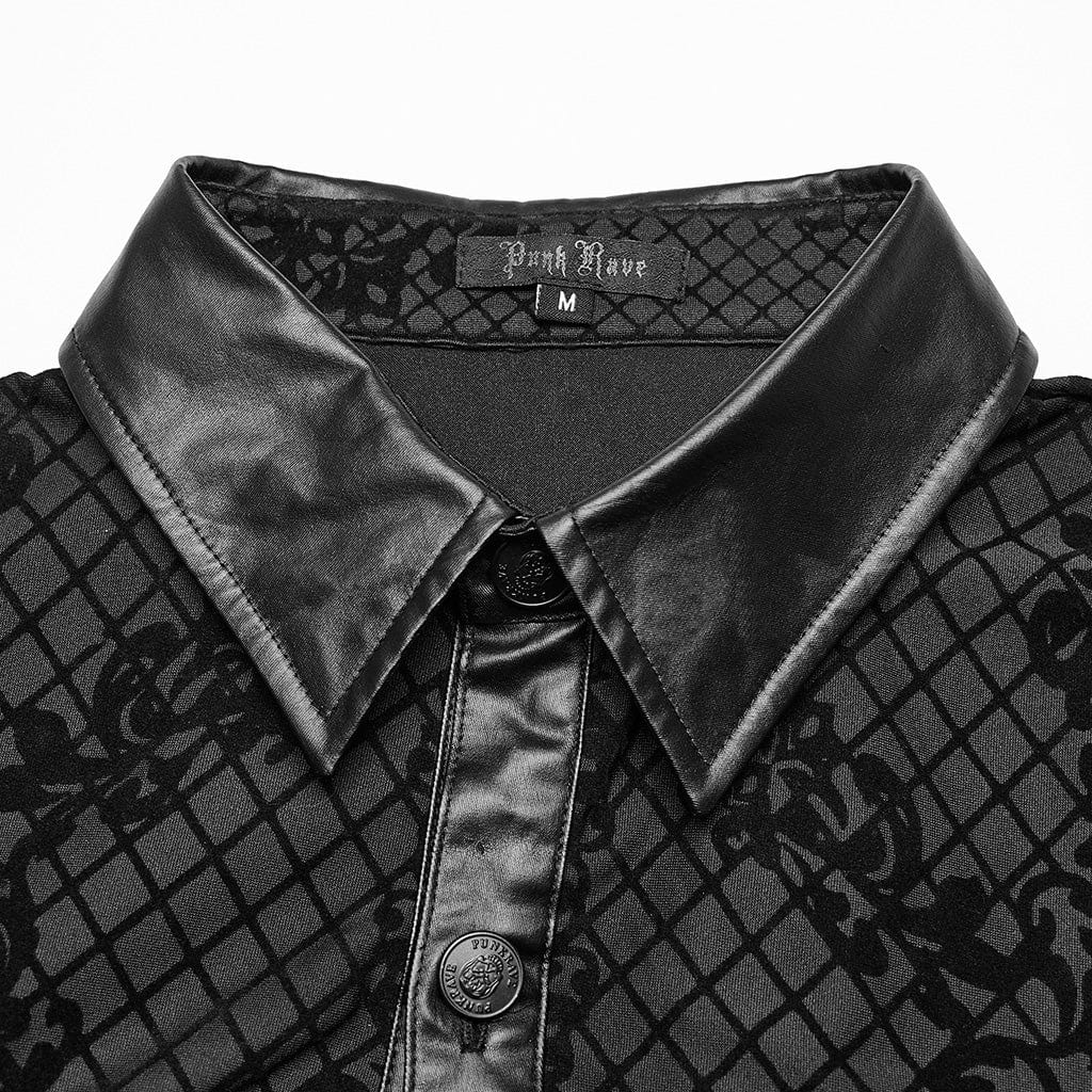 PUNK RAVE Men's Gothic Floral Printed Faux Leather Splice Shirt