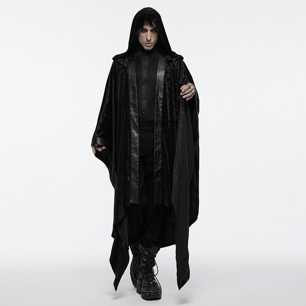 PUNK RAVE Men's Gothic Floral Velvet Coat with Hood