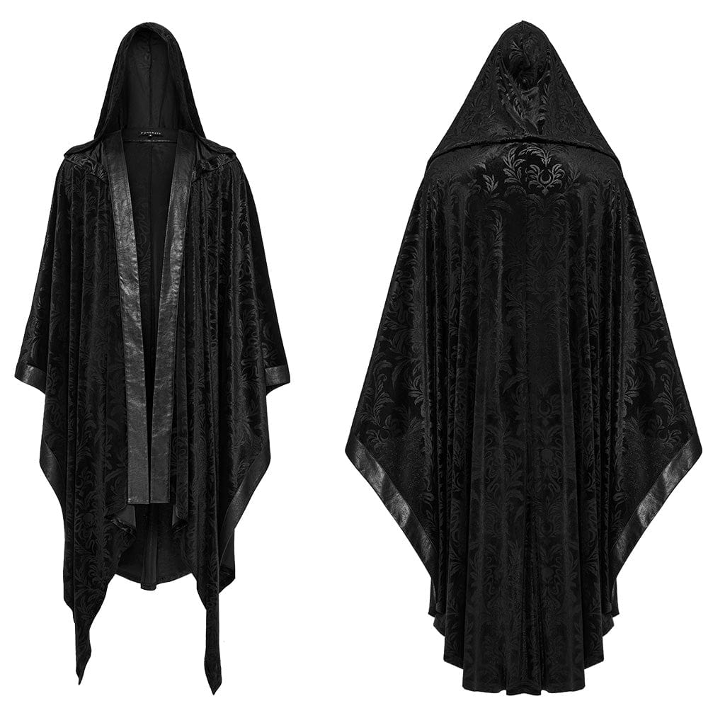 PUNK RAVE Men's Gothic Floral Velvet Coat with Hood