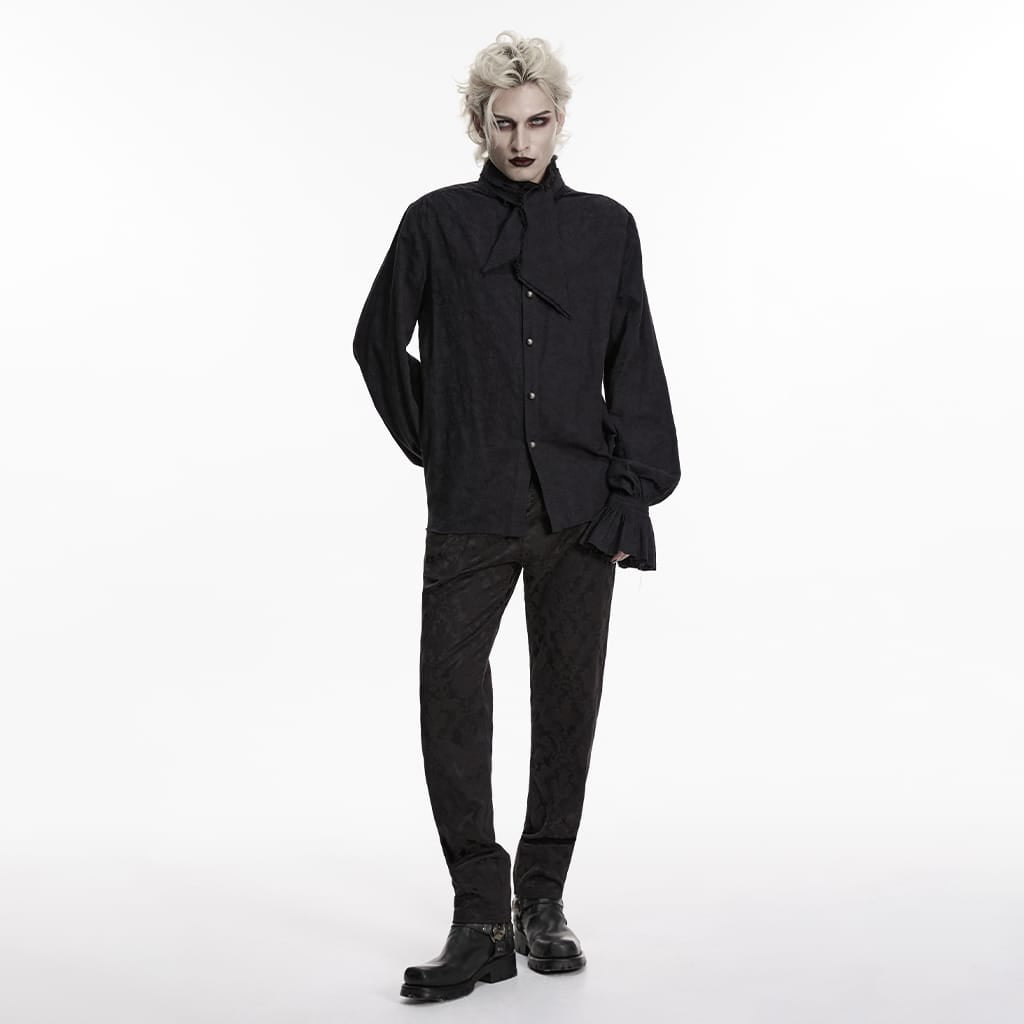 PUNK RAVE Men's Gothic Jacquard Bishop Sleeved Shirt with Detachable Tie Black