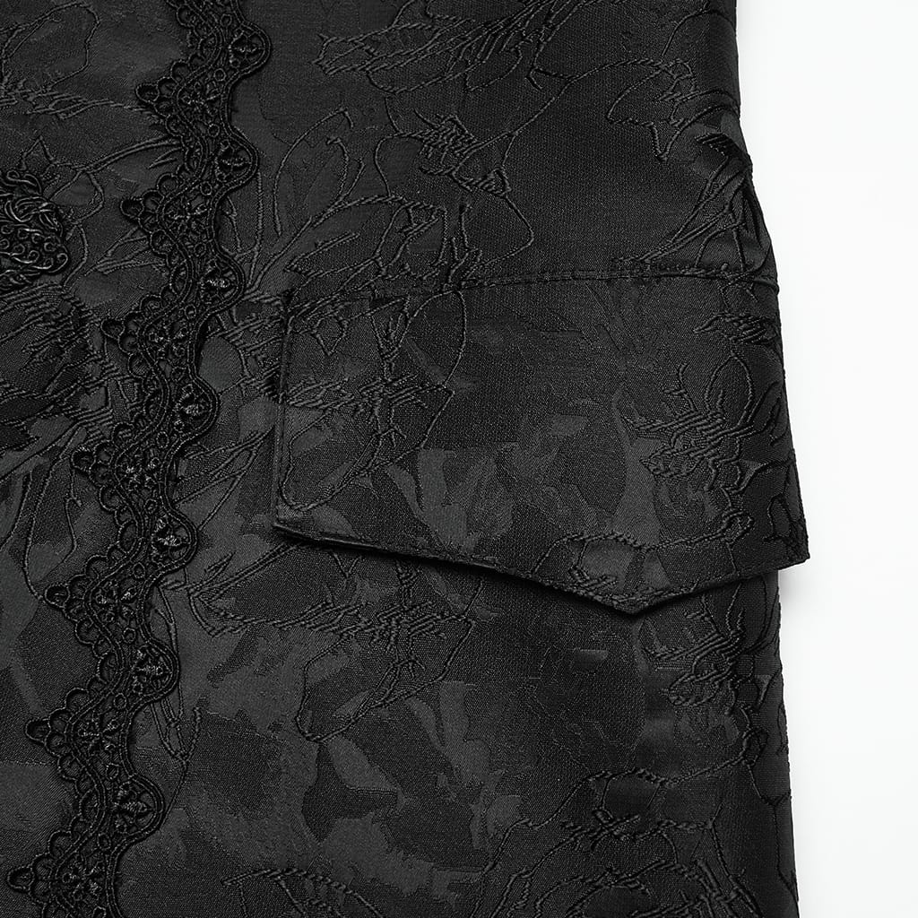 PUNK RAVE Men's Gothic Jacquard Chained Lapel Long Vest Black