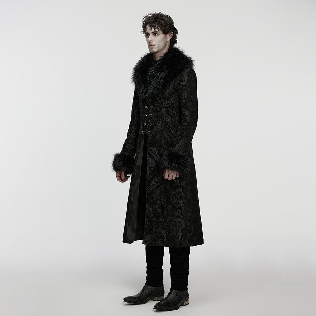 PUNK RAVE Men's Gothic Jacquard Fuax Fur Collar Coat