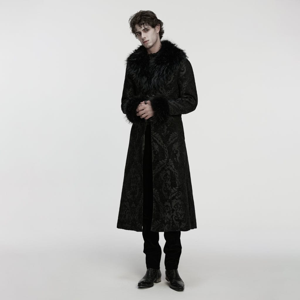 PUNK RAVE Men's Gothic Jacquard Fuax Fur Collar Coat
