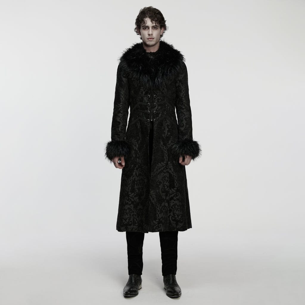 PUNK RAVE Men's Gothic Jacquard Fuax Fur Collar Coat