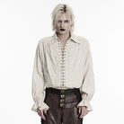 PUNK RAVE Men's Gothic Lace-up Distressed Turn-down Collar Shirt White