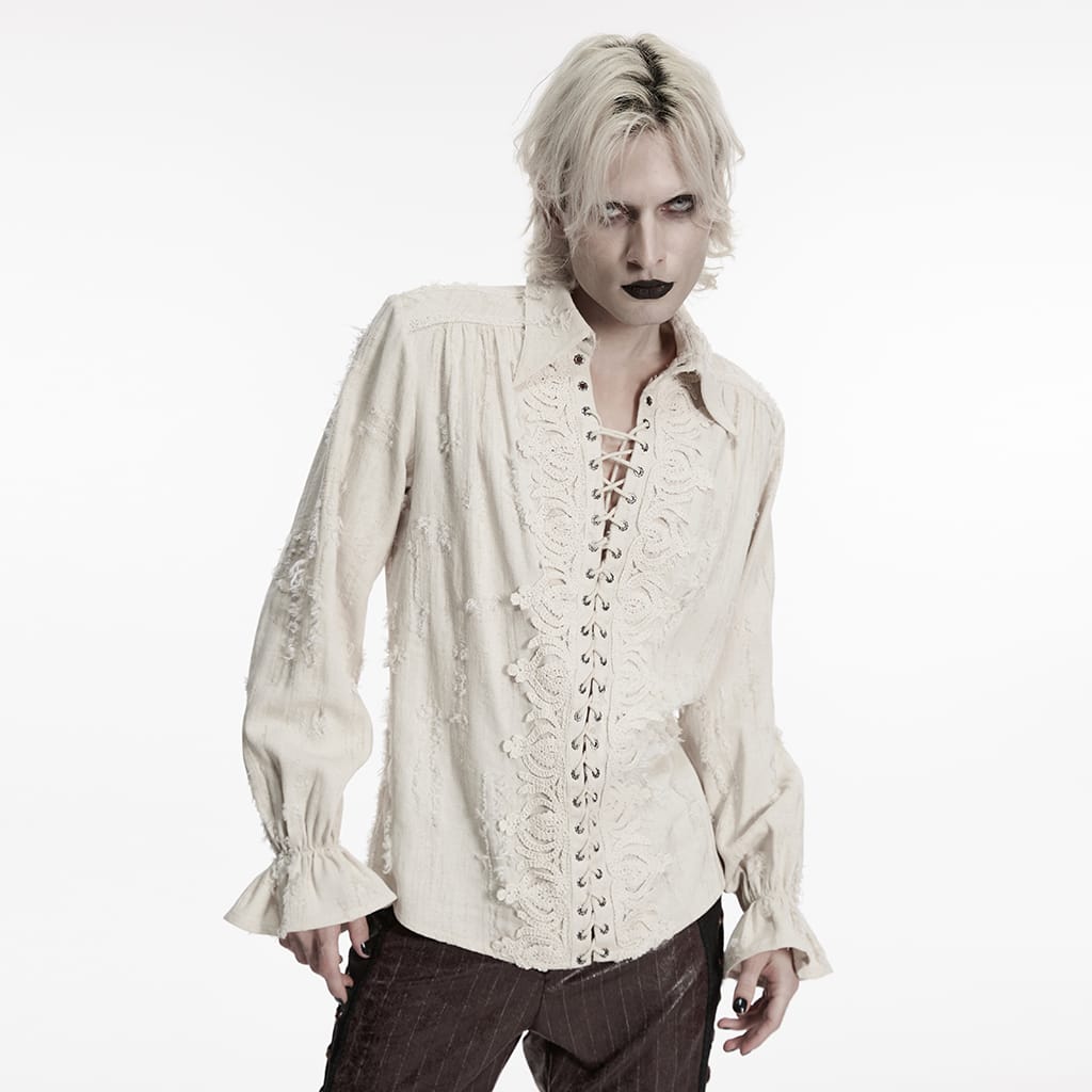 PUNK RAVE Men's Gothic Lace-up Distressed Turn-down Collar Shirt White