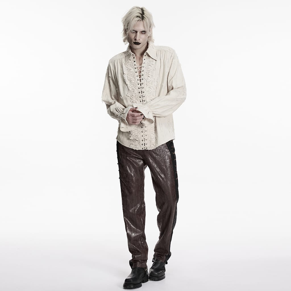 PUNK RAVE Men's Gothic Lace-up Distressed Turn-down Collar Shirt White