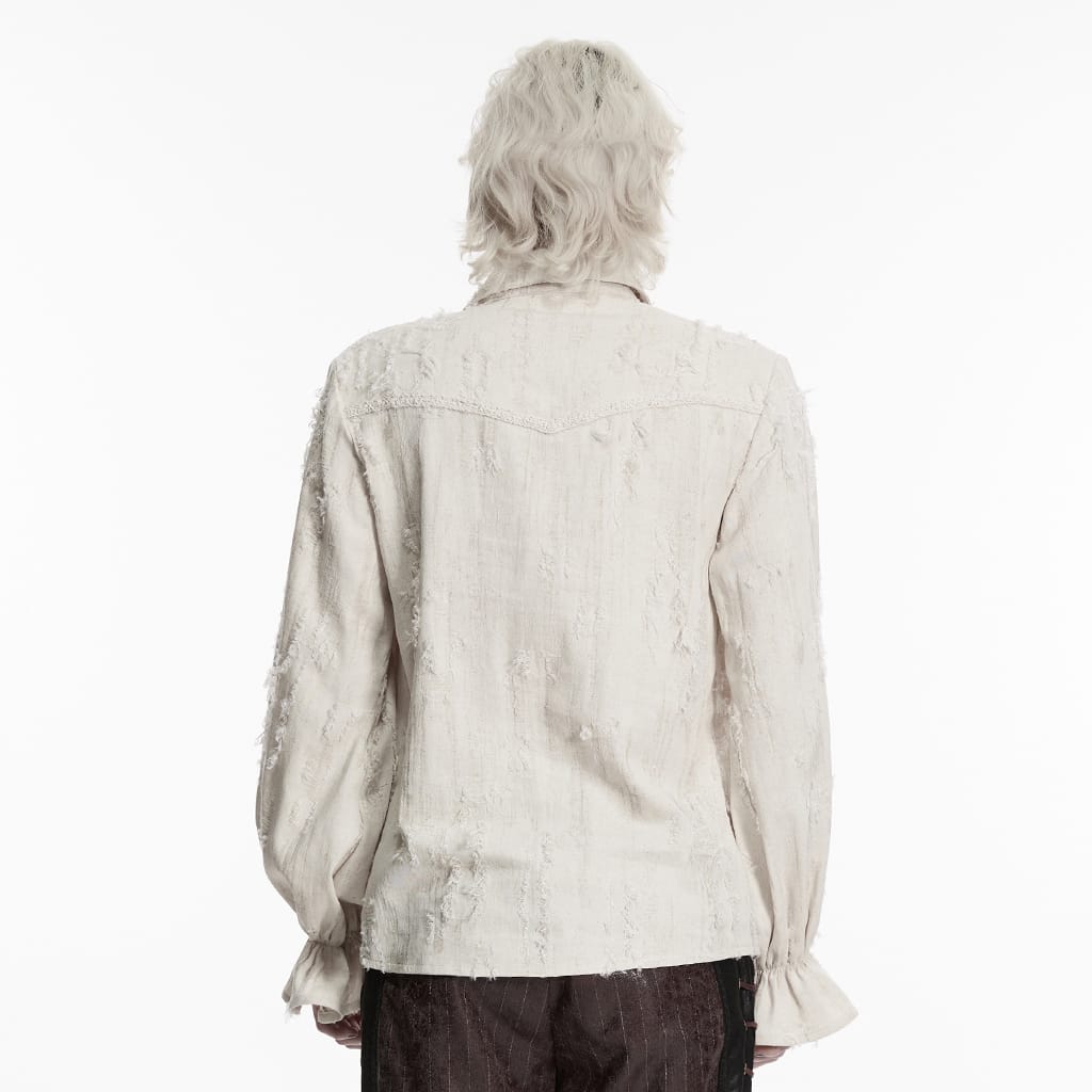PUNK RAVE Men's Gothic Lace-up Distressed Turn-down Collar Shirt White
