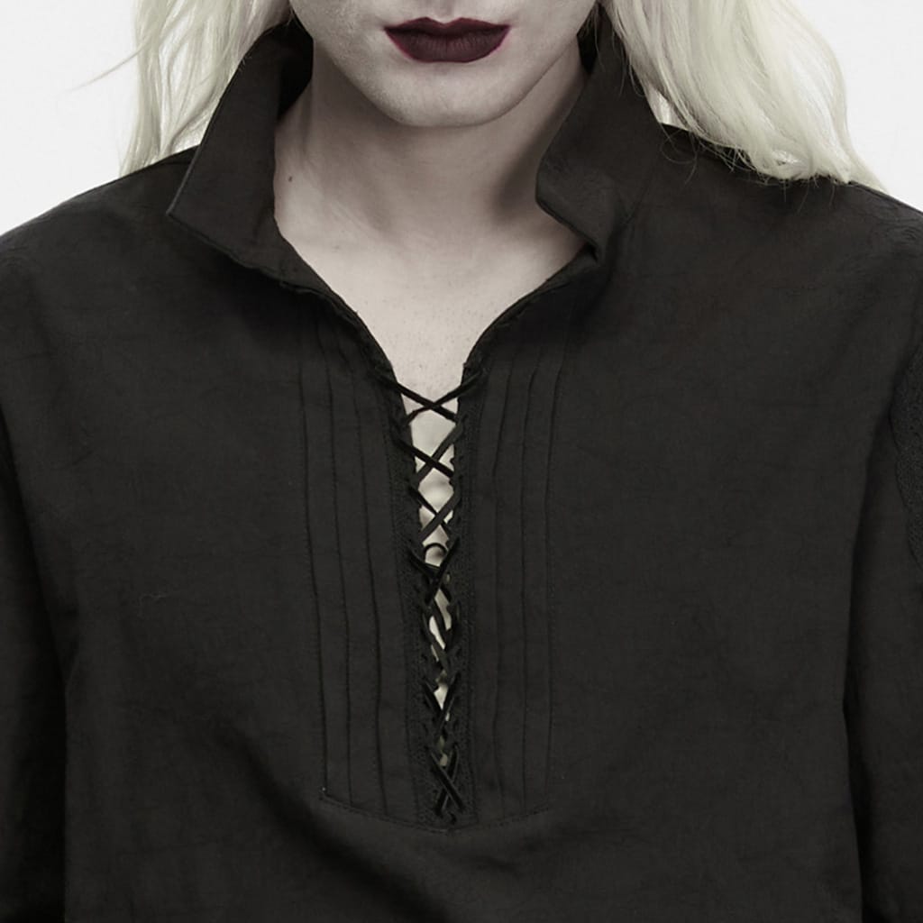 PUNK RAVE Men's Gothic Lace-up Pleated Collared Lantern Sleeve Shirt