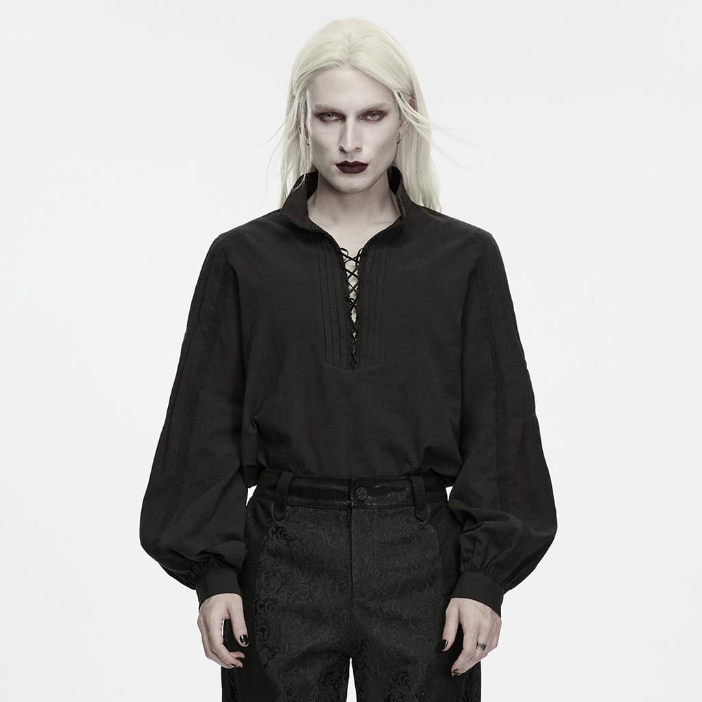 PUNK RAVE Men's Gothic Lace-up Pleated Collared Lantern Sleeve Shirt