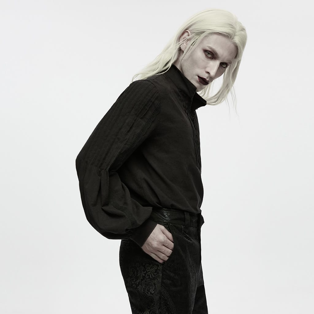PUNK RAVE Men's Gothic Lace-up Pleated Collared Lantern Sleeve Shirt
