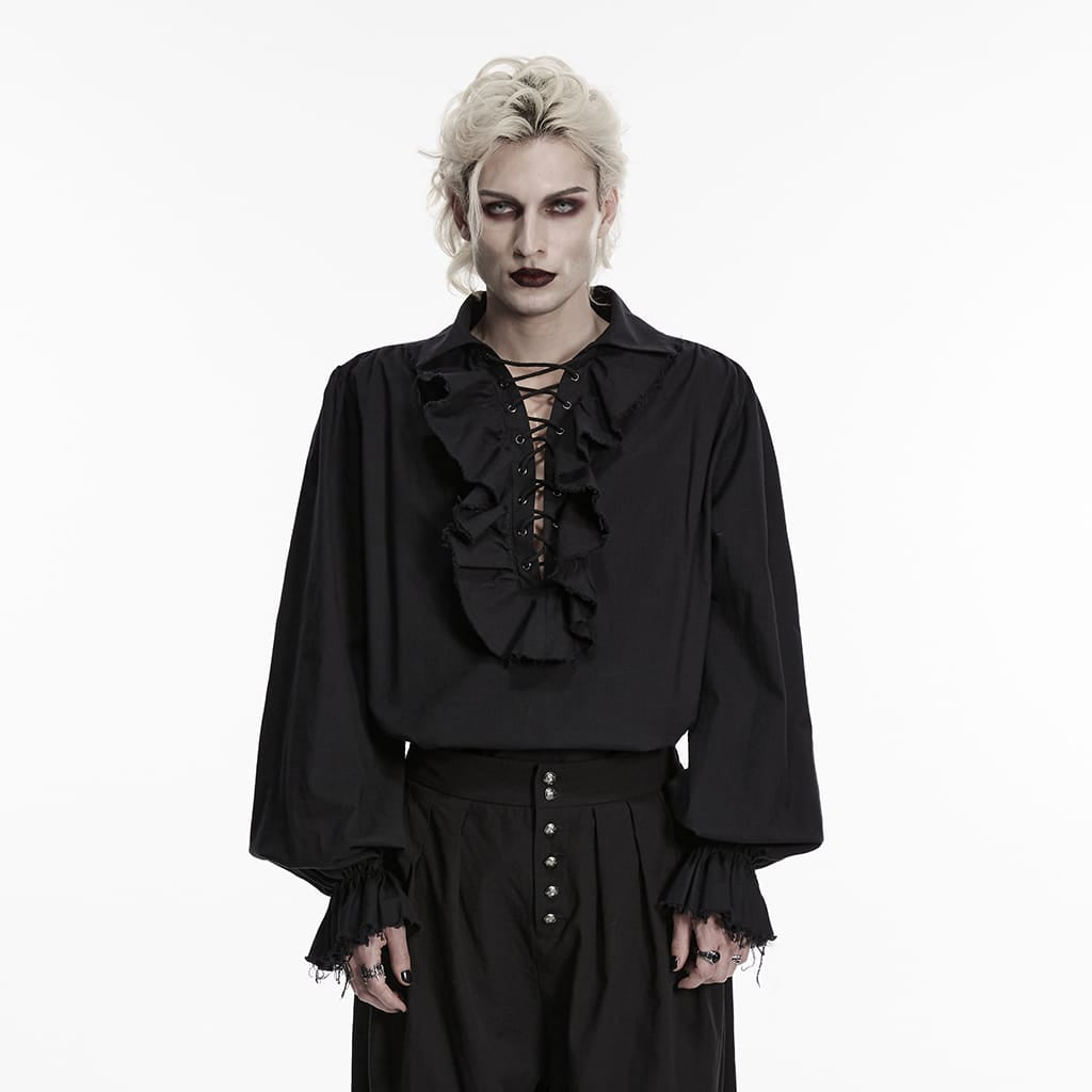 Camicia gotica da uomo PUNK RAVE con lacci e maniche a sbuffo arricciate, colore nero