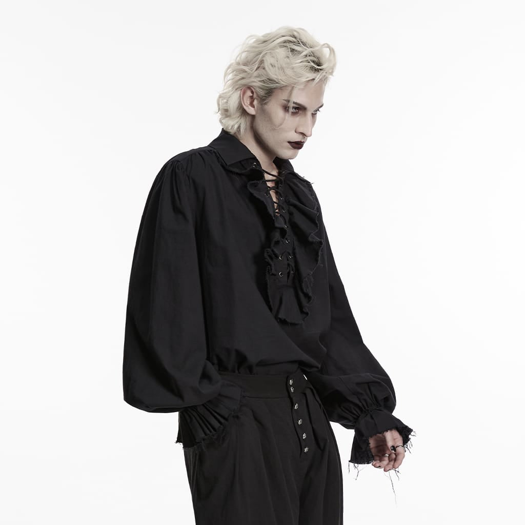 Camisa gótica de manga obispo con volantes y cordones para hombre PUNK RAVE, color negro.