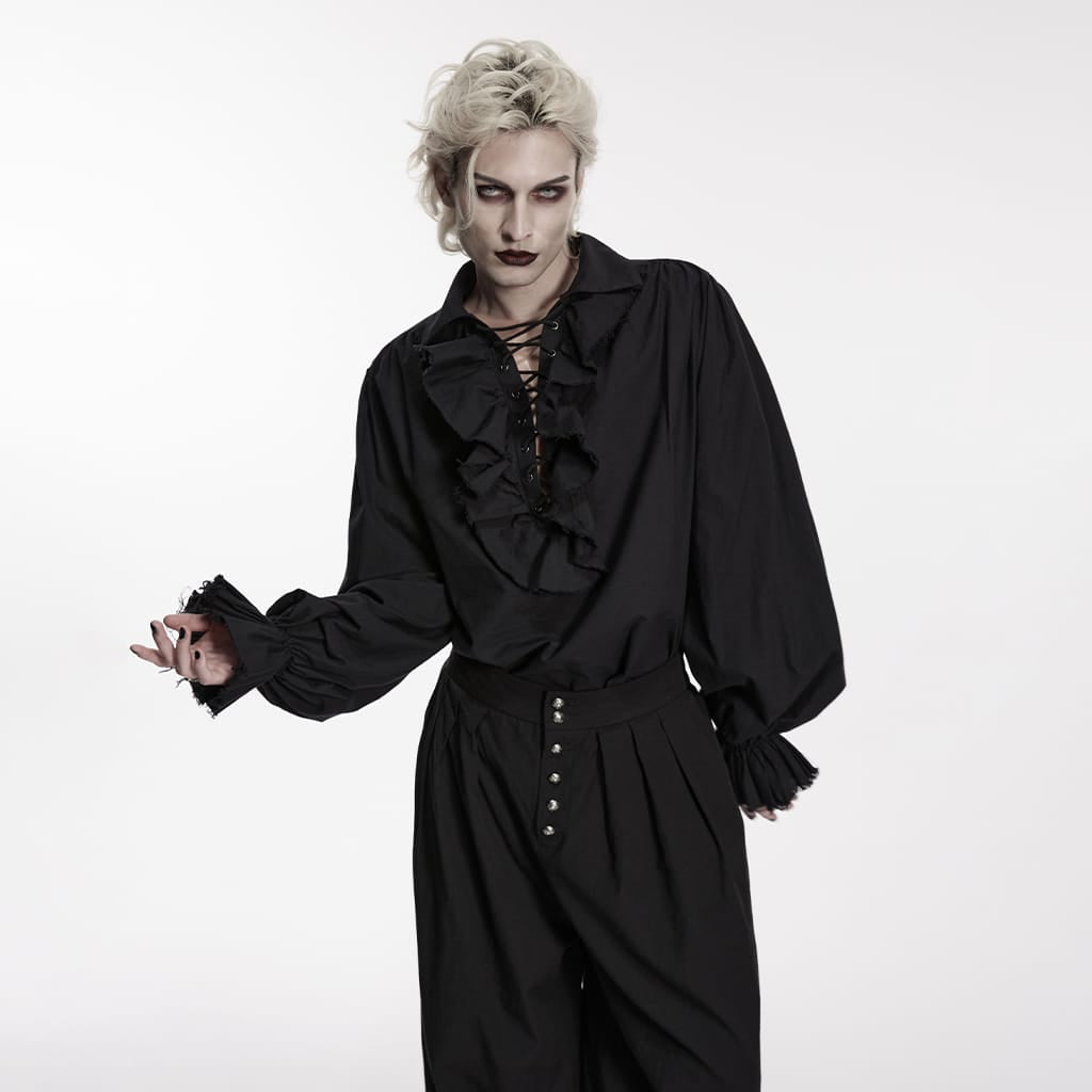 Camicia gotica da uomo PUNK RAVE con lacci e maniche a sbuffo arricciate, colore nero