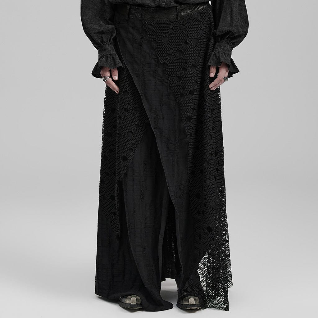 PUNK RAVE Men's Gothic Mesh Splice Irregular Long Skirt