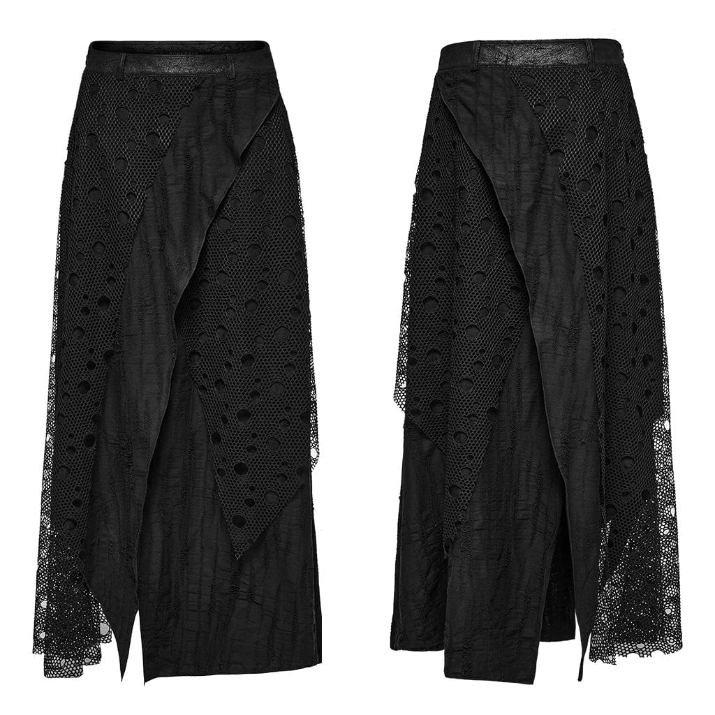 PUNK RAVE Men's Gothic Mesh Splice Irregular Long Skirt