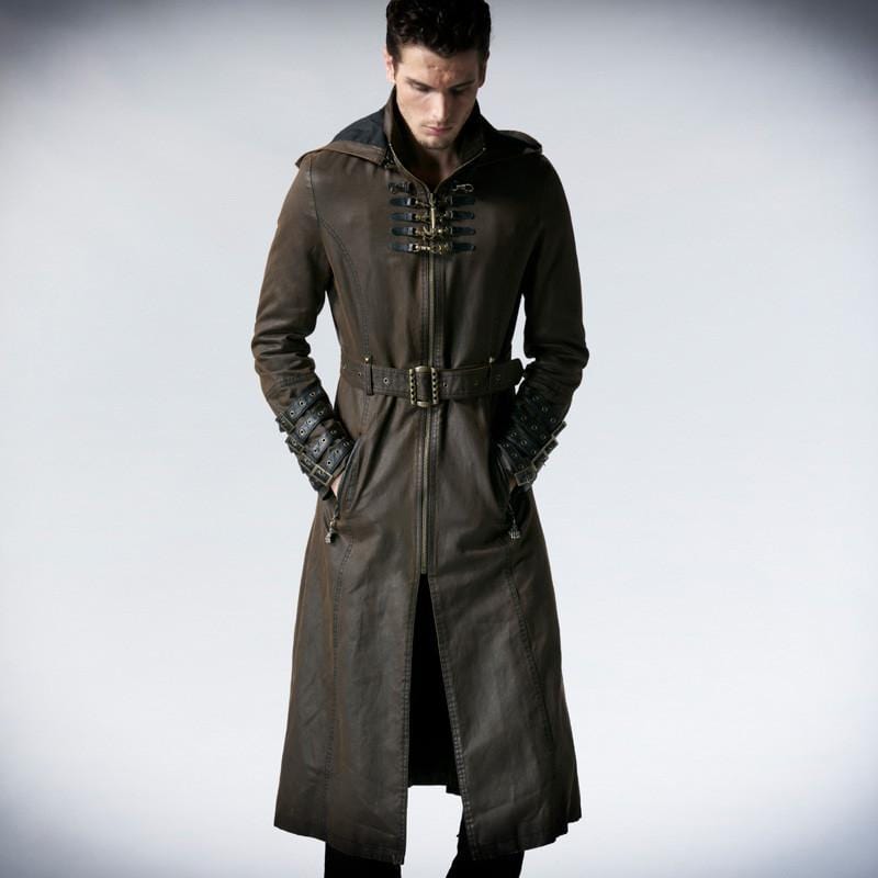 PUNK RAVE Men's Gothic Military Power Walker Hooded Overcoat With Belt