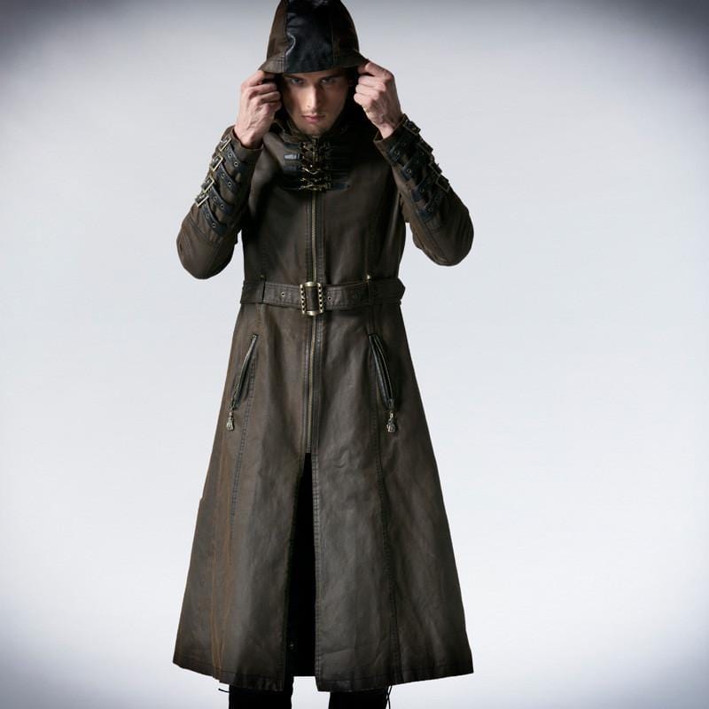Men's Gothic Military Power Walker Hooded Overcoat With Belt 