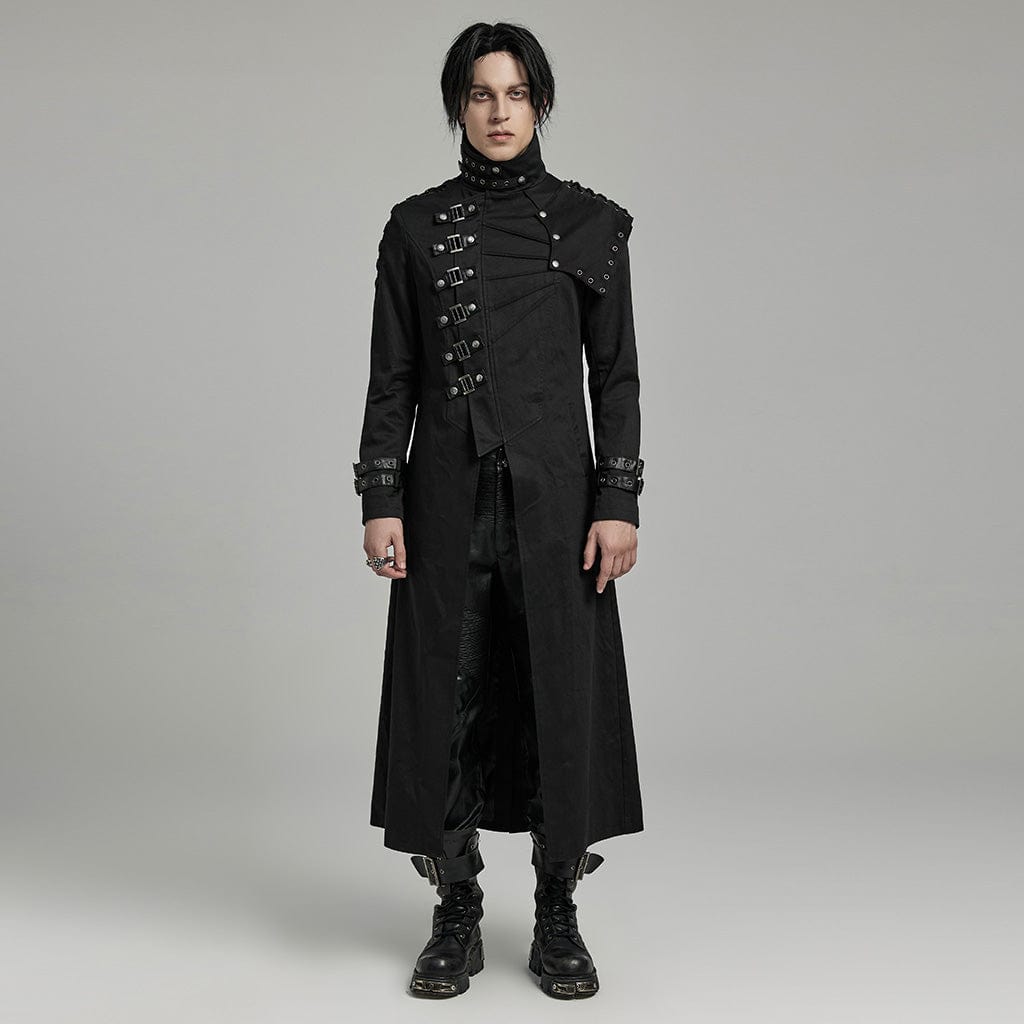 PUNK RAVE ゴシック ミリタリー スワローテール ロングコート Men's Gothic Punk Multi-buckles Coat with Detached Shoulder Pad