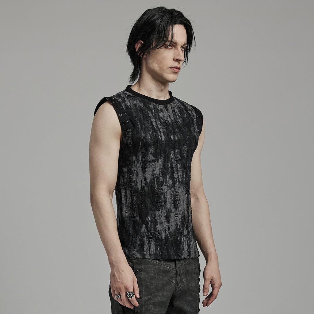 PUNK RAVE Men's Gothic Punk Ripped Eyelet Black Grey Tank Top