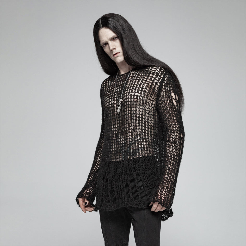 Punk Rave Men's Gothic Ripped Knitted Mesh Shirt