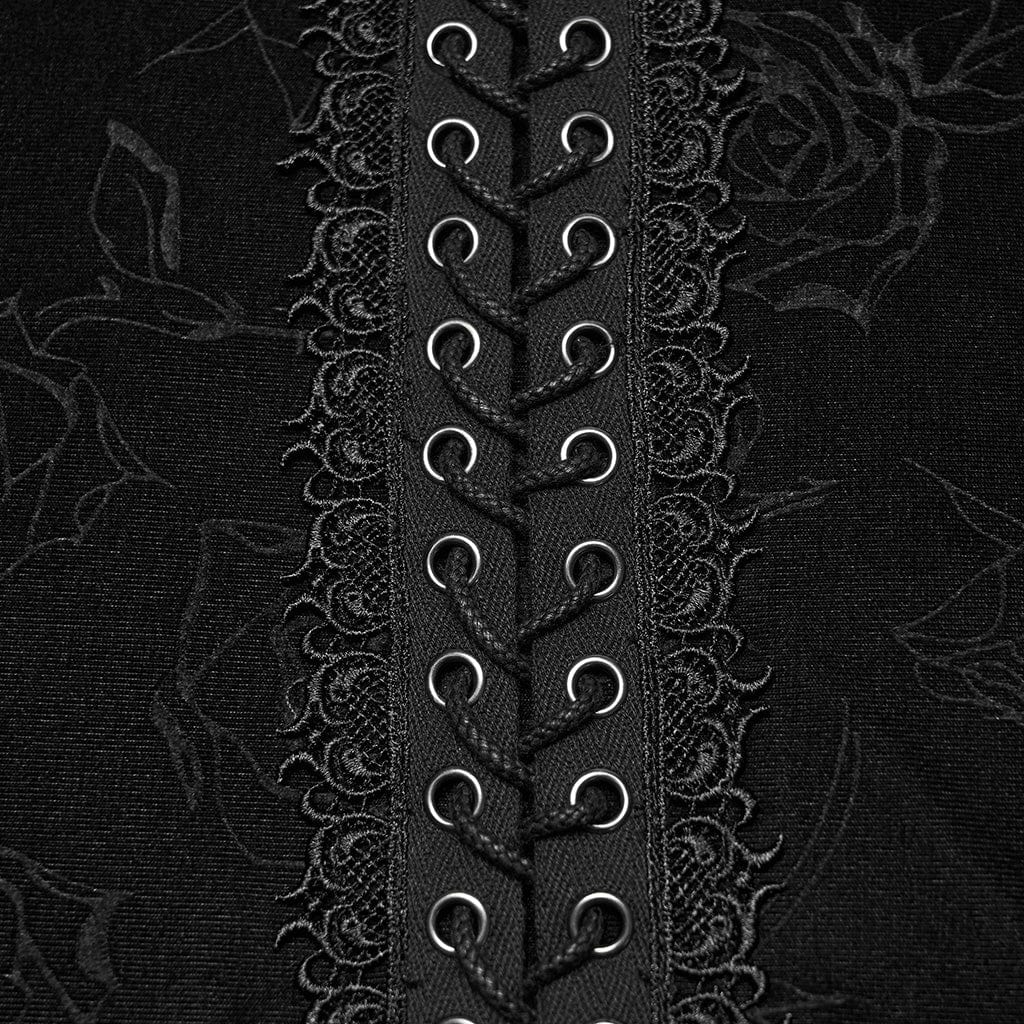 PUNK RAVE Men's Gothic Rose Embossed Lace-up Top Black