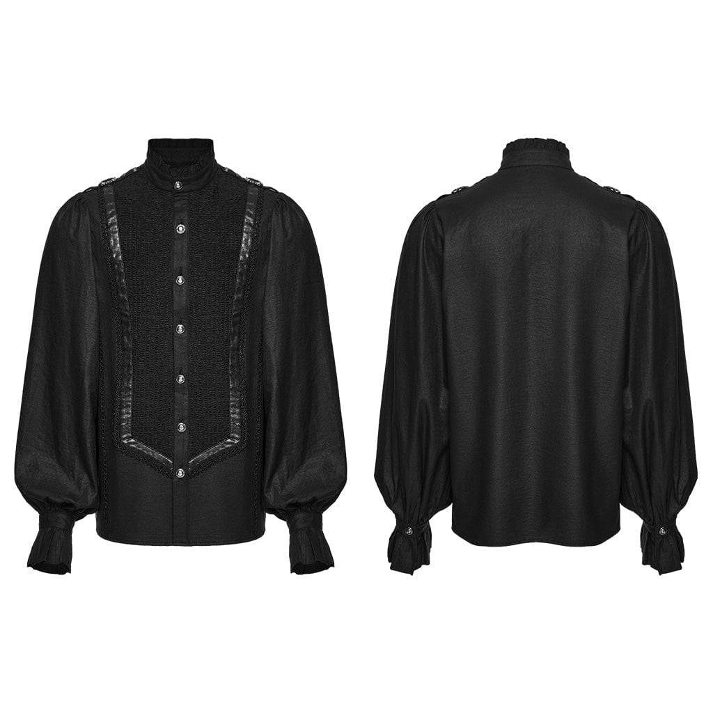 PUNK RAVE Men's Gothic Ruched Stand Collar Puff Sleeved Shirt