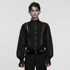 PUNK RAVE Men's Gothic Ruched Stand Collar Puff Sleeved Shirt