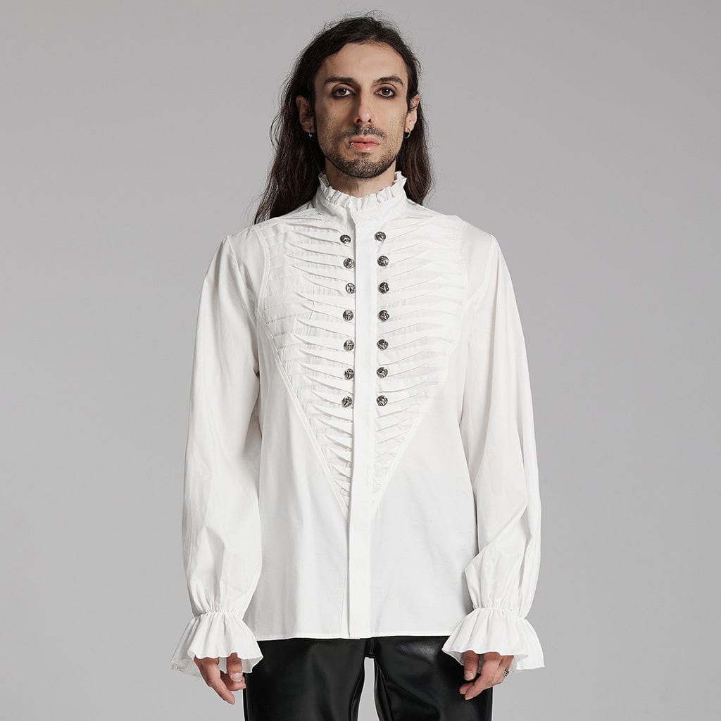 PUNK RAVE Men's Gothic Ruffled Beast Buckle Shirt White