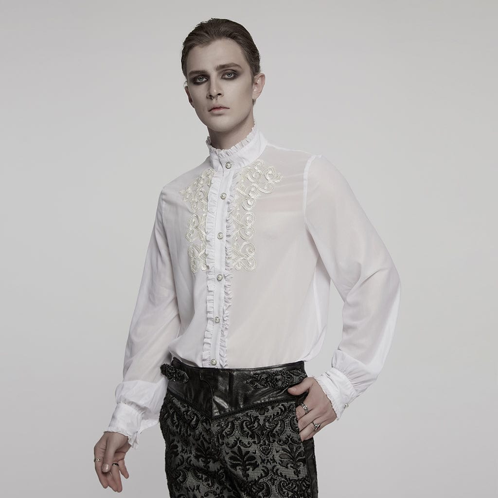 gothic white dress shirt men Men's Gothic Ruffled Stand Collar Embroidered Sheer Shirt White – Punk Design