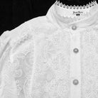 PUNK RAVE Men's Gothic Ruffled Stand Collar Embroidered Sheer Shirt White