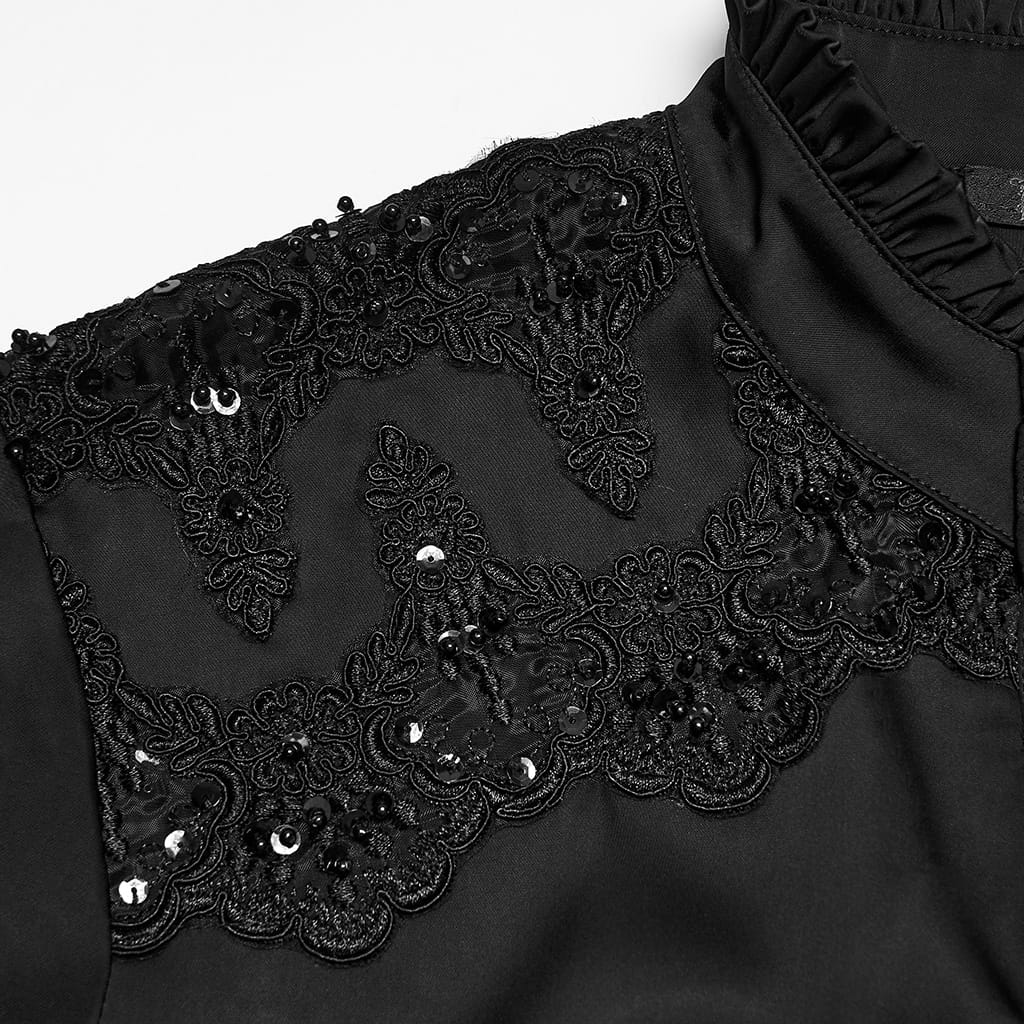 PUNK RAVE Men's Gothic Sequin Beaded Lace Applique Lantern Sleeve Shirt