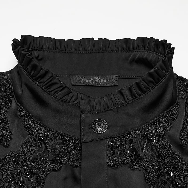 PUNK RAVE Men's Gothic Sequin Beaded Lace Applique Lantern Sleeve Shirt