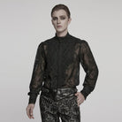 PUNK RAVE Men's Gothic Stand Collar Embroidered Sheer Chiffon Shirt Black