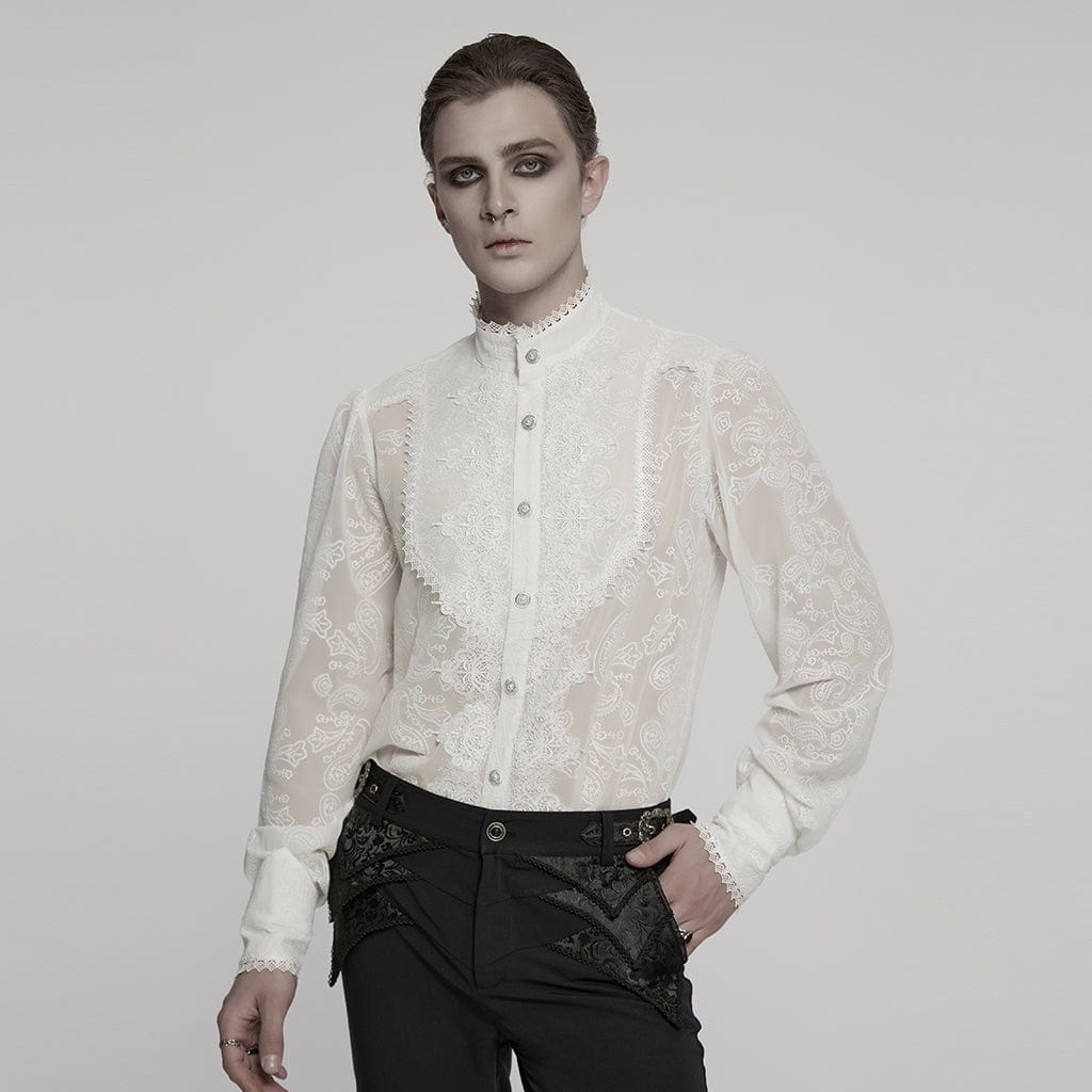 Men's Gothic Stand Collar Embroidered Sheer Chiffon Shirt White  Punk  Design