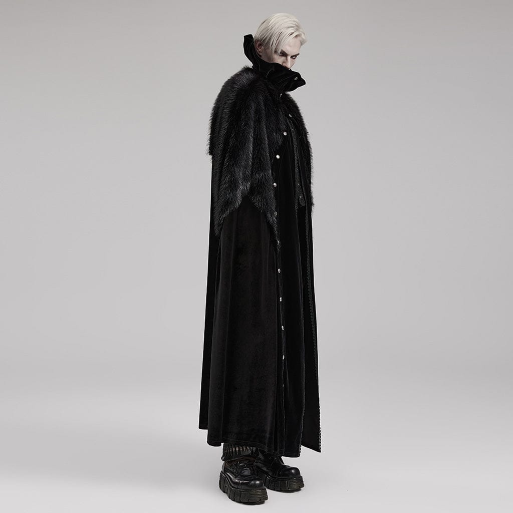 PUNK RAVE Men's Gothic Stand Collar Irregular Plush Splicing Cloak