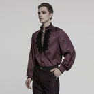 PUNK RAVE Men's Gothic Stand Collar Plunging Rose Shirt Red