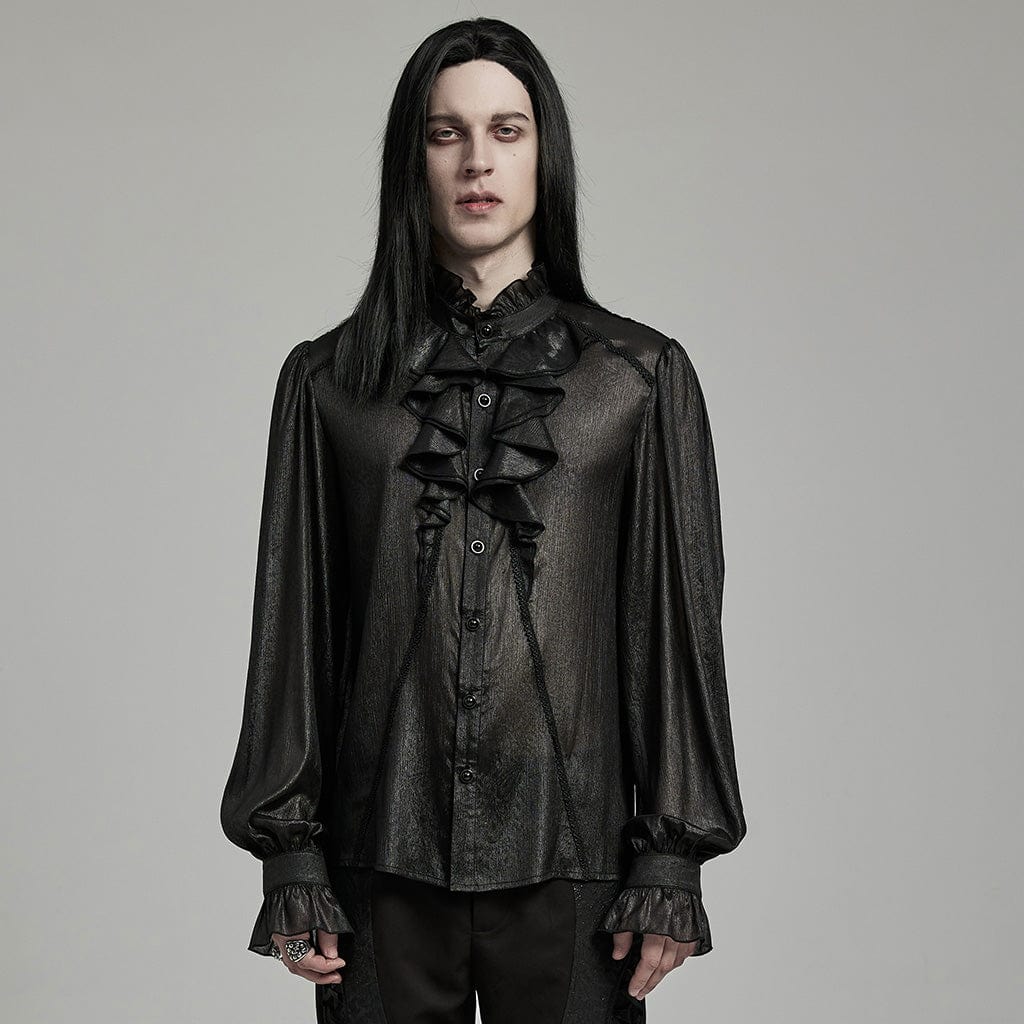 PUNK RAVE Men's Gothic Stand Collar Puff Sleeved Ruffled Shirt